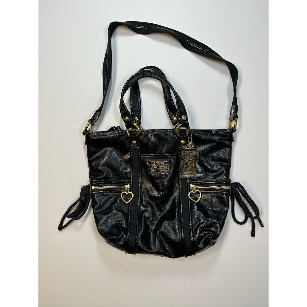 Vintage Coach Black Patent Leather Poppy Daisy Liquid Glass Heart Zipper Bag EUC